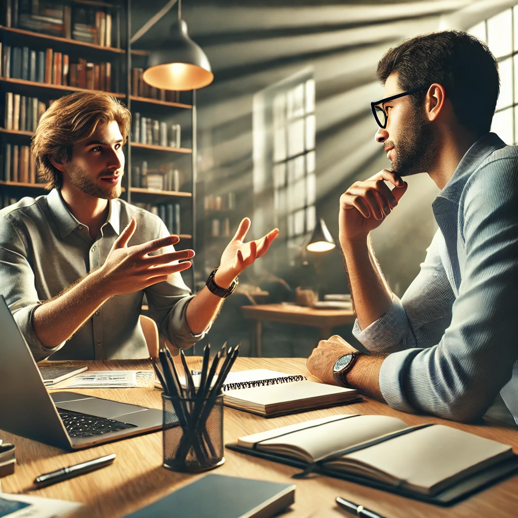 Dos profesionales conversan sobre un proyecto de escritura
